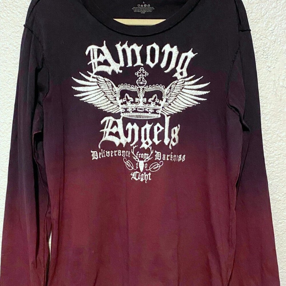 EXPRESS Mens Graphic Long Sleeve T Shirt Among Angels Size L Burgundy White